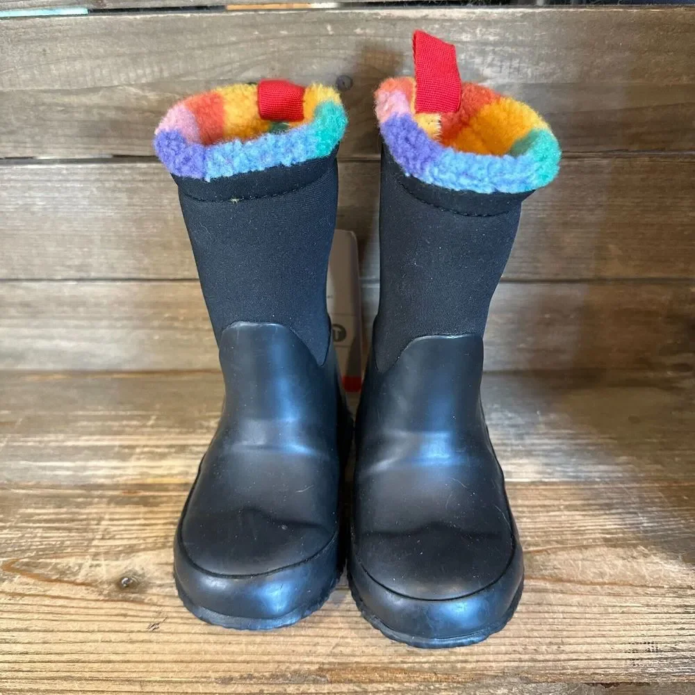 New Kids Hunter Black Rainbow‎ Sherpa Lined Rubber Snow Winter Boots Size 7 C